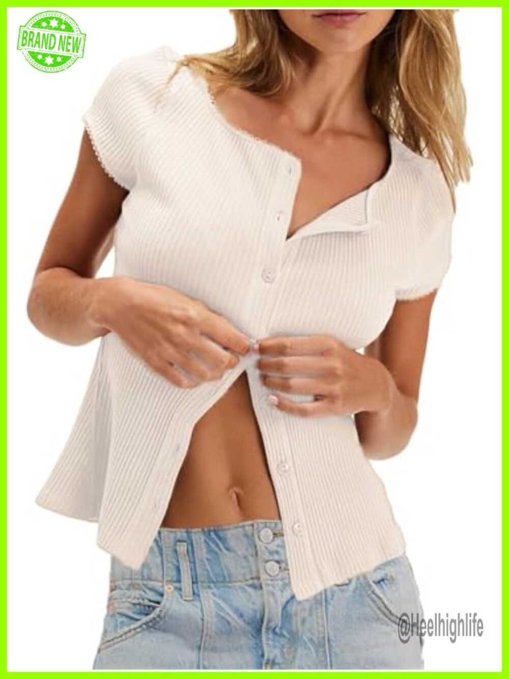 Ribbed Button Down Crop Top Fitted Short Sleeve Y2K Blouse